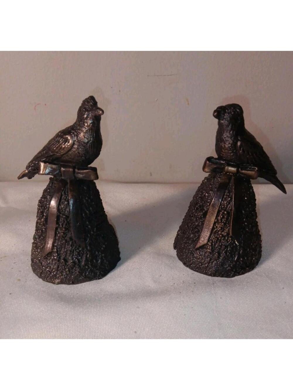 2 Bronze Bird Bells Dated 96, 97 Signed Wally Shoop - Cast Bronze Bird with Bow